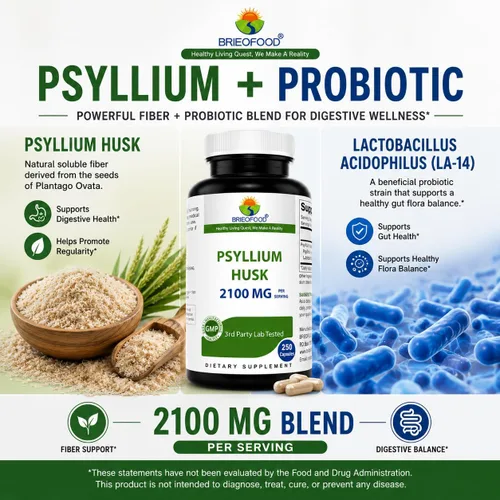 Miniatura 4 de Brieofood Suplemento de fibra de cáscara de psyllium con Lactobaciilus Acidophillus (La-14) – 2100 mg por porción – 250 cápsulas – Ayuda a apoyar