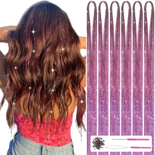 Miniatura 14 de Kit de oropel para el cabello con herramientas de 47 pulgadas, 1200 hebras de extensiones de cabello de oropel con purpurina, kit de mechones