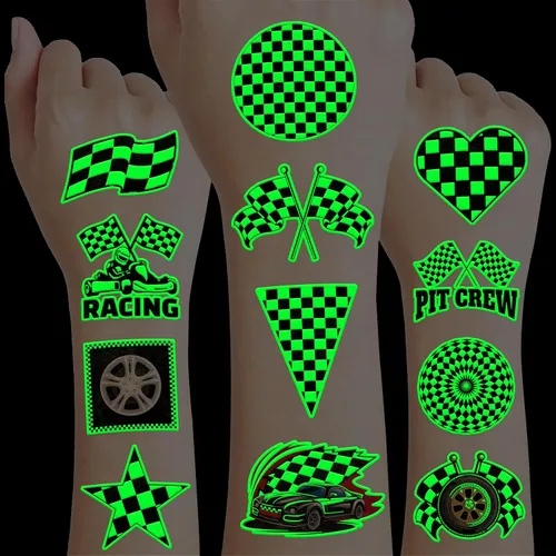 Miniatura 2 de 96 piezas divertidas de bandera a cuadros de autos de carreras que brillan en la oscuridad, precortadas en blanco y negro, tatuajes temporales