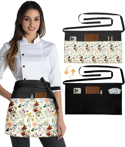 Miniatura 8 de Slohif Delantal Reversible de Servidor con 6 Bolsillos - Delantal de Cintura para Camarera Mujeres Delantal Corto de Media Porción Camarero