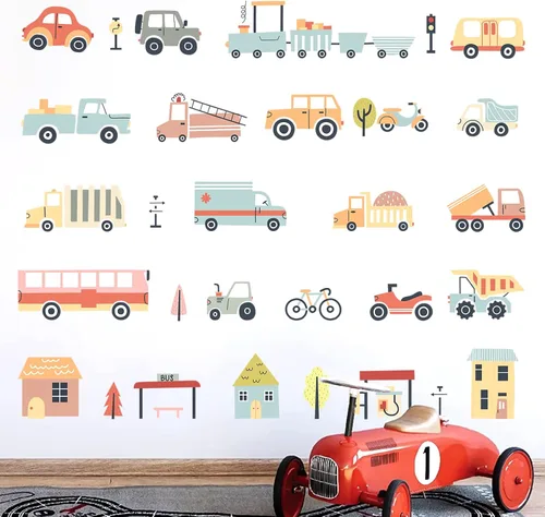 Calcomanías de pared extraíbles para casas y vehículos, decoración de pared para habitación de niños, coloridos transportes, vehículos, autos,