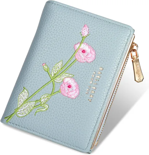 Miniatura 10 de Billetera pequeña para mujer, doble bordado, con flores, bloqueo RFID, piel sintética, con bolsillo con cremallera para mujeres y niñas (negro)