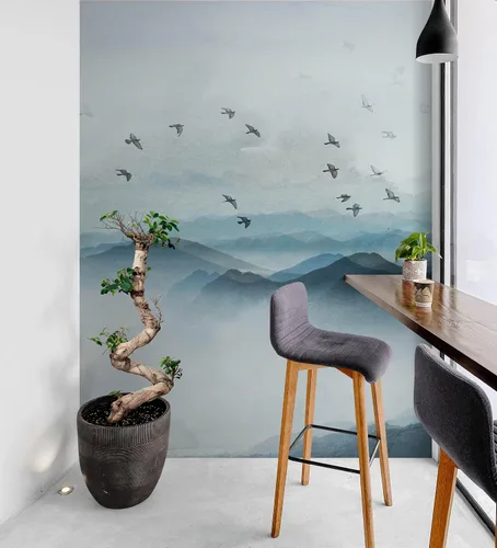Miniatura 6 de Papel tapiz para guardería. Papel tapiz de pájaros que vuelan sobre la montaña. Papel tapiz removible, pintura de acuarela de vista de montaña.