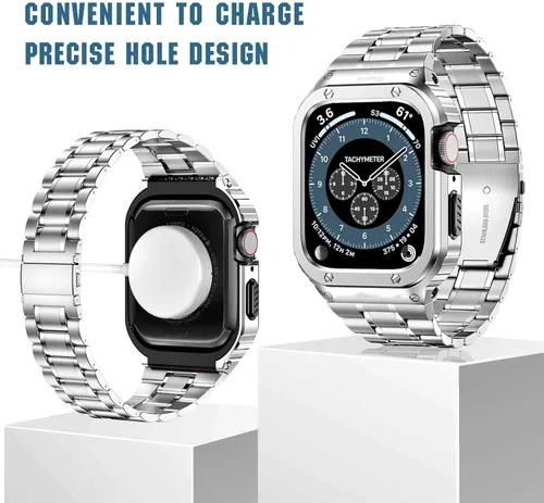 Miniatura 5 de MioHHR - Correa de acero inoxidable para reloj con estuche compatible con Apple Watch Series 6 5 4 SE3/2/1 (44 mm) Series 3/2/1 (42 mm), correa