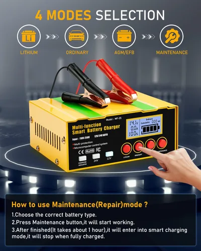 Miniatura 6 de Cargador de batería inteligente de 12 amperios, litio, plomo-ácido (AGM/Gel/SLA), cargador de batería de automóvil con reparación por pulsos