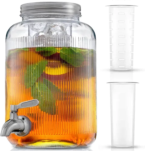 Miniatura 10 de Dispensador de bebidas de 1 galón. Dispensador de bebidas de vidrio con espita de acero inoxidable más cilindro de hielo e infusor de frutas.