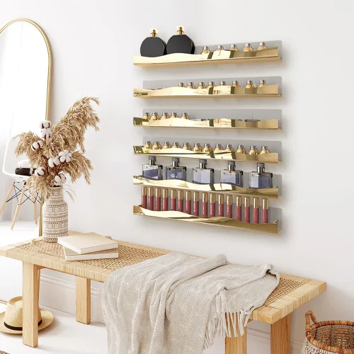 Miniatura 7 de YMVV Estantes de esmalte de uñas montados en la pared, estante organizador de esmalte de uñas con acabado de espejo dorado de 5 pulgadas, estante