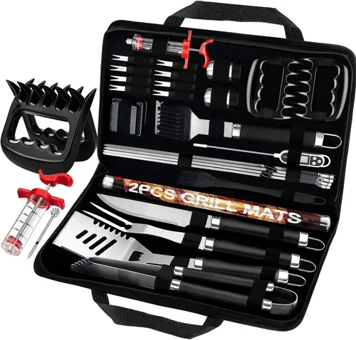 POLIGO 28 accesorios para asar en bolsa con inyector de carne, garras de barbacoa, esteras, termómetro para ahumador, juego de utensilios de Negro