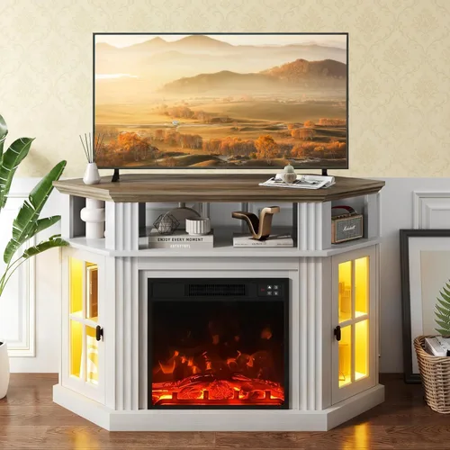 Miniatura 7 de YESHOMY Soporte esquinero para TV con chimenea para televisores de hasta 55" con gabinetes de almacenamiento, centro de entretenimiento, consola