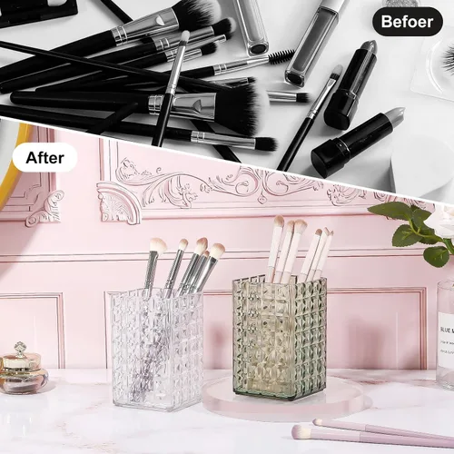 Miniatura 3 de DASITON Organizador de brochas de maquillaje, taza de brochas de maquillaje acrílica, soporte para brochas de maquillaje a rayas de diamante