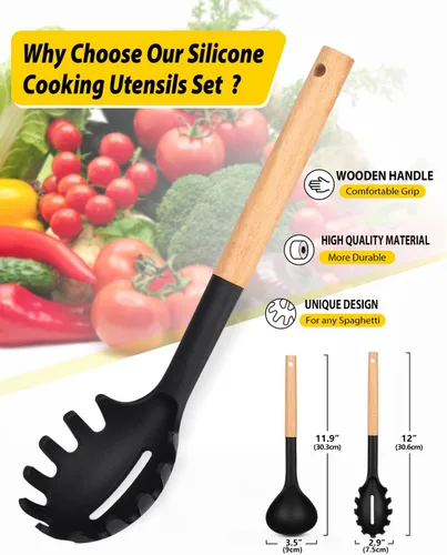 Miniatura 2 de Juego de tenedor de pasta y cucharón de silicona con mango de madera, utensilios de cocina resistentes al calor y antiadherentes para cocinar, Negro
