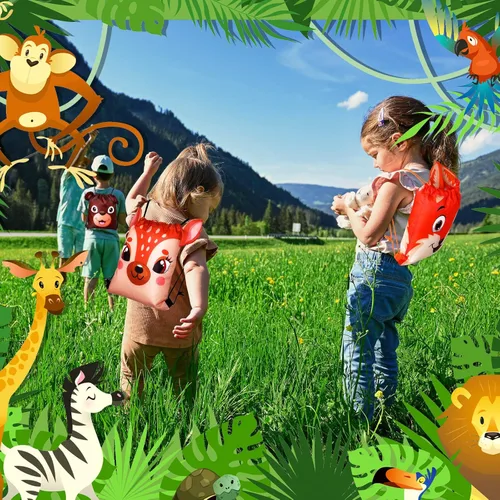 Miniatura 4 de Hillban 16 bolsas de animales con cordón para niños, mochila con cordón para fiestas de niños, con oreja, para cumpleaños de safari (estilo bosque)