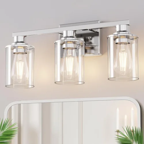 Miniatura 26 de DORESshop Lámparas de baño, 3 luces negras y doradas para baño sobre espejo con pantalla de vidrio transparente, luces de tocador para baño, Negro