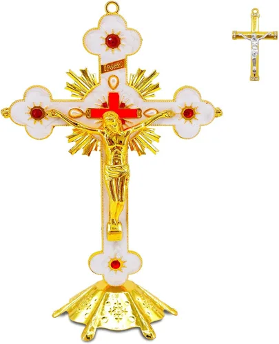 Miniatura 6 de rnuie Cruz de mesa de altar de Jesús, decoración de pared de crucifijo religioso con soporte, adorno cristiano de metal montado en la pared