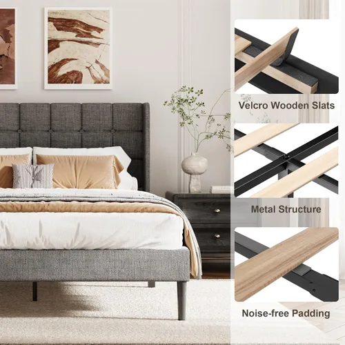 Miniatura 7 de Base de cama tamaño matrimonial con cabecera con respaldo de ala, base de cama tapizada de lino con cabecera capitoné con botones, soporte