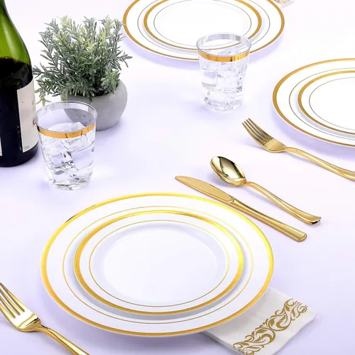 Miniatura 6 de FOCUSLINE Juego de vajilla dorada de 175 piezas para 25 invitados - Platos desechables de plástico blanco con borde dorado resistente, incluye 25