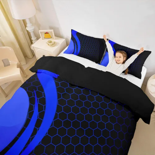 Miniatura 5 de Juego de ropa de cama de panal hexagonal para niños, niñas, adolescentes, funda de edredón geométrica transpirable, colmena geométrica roja y negra