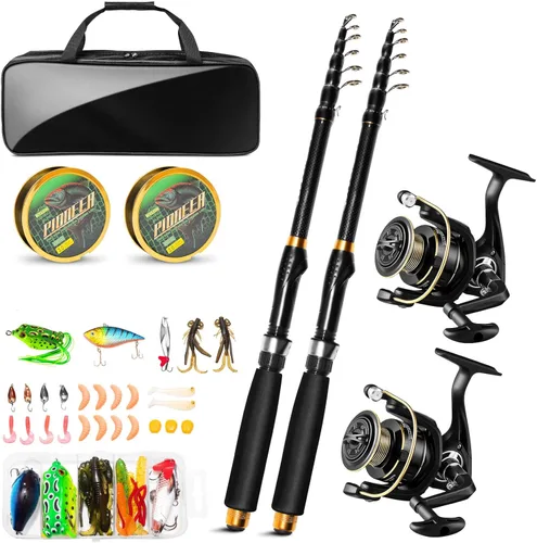 Telescopic Fishing Rod and Reel Combo Kit, 2PACK 6.9FT Carbon Fiber Collapsible Rods, Spinning Reels, Lures and Carrier Bag, Saltwater & Freshwater