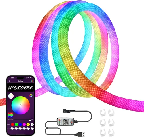 Cuerda de luces LED, tira de luces LED de neón de 9.84 pies con luminosa de 360 grados, 5 V USB flexible IP67, impermeable, sincronización de