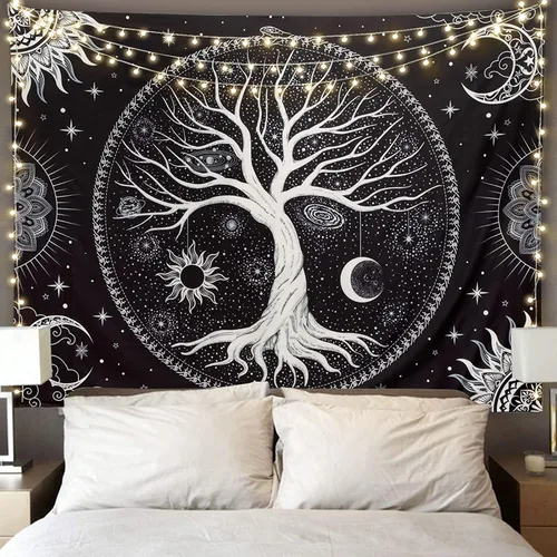 Miniatura 9 de Tapiz para dormitorio, estético, árbol de la vida, con luz negra, reactivo a los rayos UV, tapiz psicodélico, colorido tapiz de pared, sol, luna