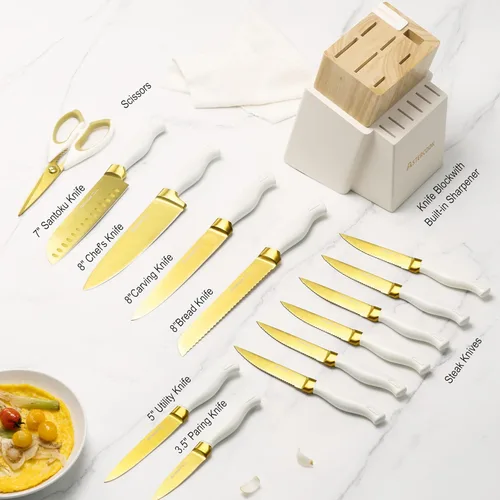 Miniatura 2 de Astercook Juego de cuchillos de cocina de 15 piezas, con revestimiento de titanio dorado saludable, juego de cuchillos de espiga completa con bloque
