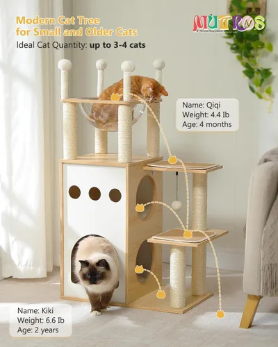 Miniatura 2 de MUTTROS Árbol moderno de madera para gatos de 42.5 pulgadas con condominio de 2 pisos, postes rascadores, nido de cápsulas y bolas colgantes