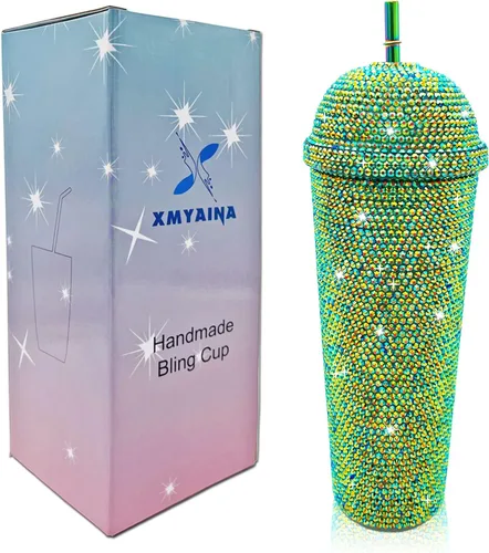 Vaso de 24 onzas con diamantes de imitación hechos a mano con tachuelas, botella de agua reutilizable de plástico con doble pared con tapa y pajitas