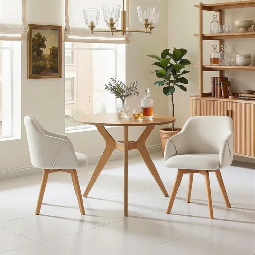 Miniatura 7 de Juego de 2 sillas de comedor giratorias, modernas de mediados de siglo con brazos y patas de madera, sillas de cocina tapizadas de tela de lino