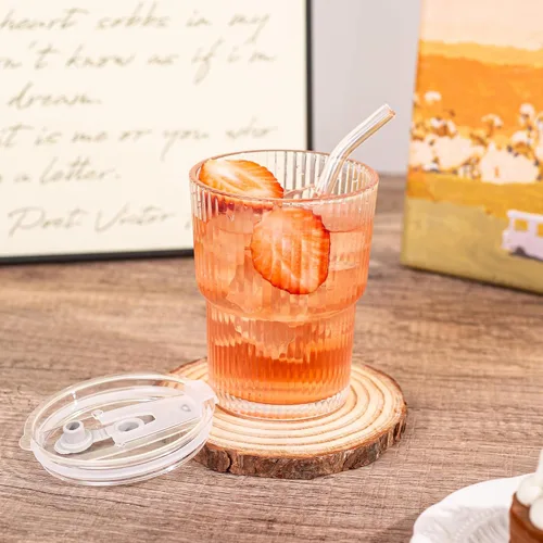 Miniatura 5 de Vaso de vidrio de 13 oz/13.5 fl oz con popote y tapa, tazas verticales acanaladas para café helado, vaso de pared gruesa, vaso de agua