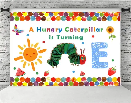 Miniatura 2 de Lofaris A Hungry Caterpillar is Turning One Happy Birthday - Telón de fondo de fiesta de cumpleaños con diseño de oruga de dibujos animados, diseño