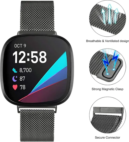 Miniatura 4 de Amzpas Bandas compatibles con Fitbit Versa 3/4 Fitbit Sense/Sense 2, correa magnética ajustable de acero inoxidable transpirable para Fitbit Versa