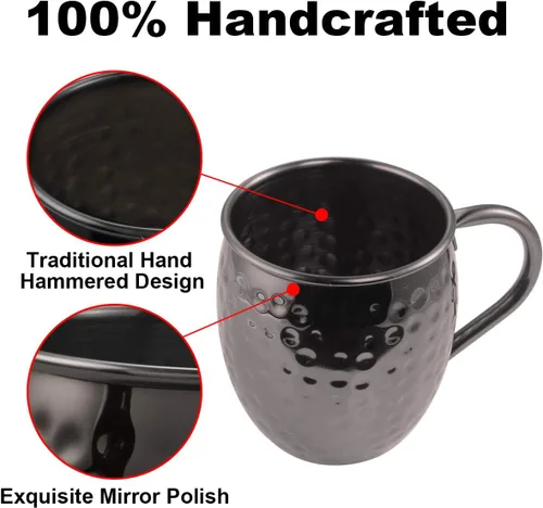 Miniatura 5 de DUNCHATY Moscow Mule - Juego de 4 tazas de regalo negras de acero inoxidable martillado sólido puro para beber, 16 onzas, seguro para alimentos