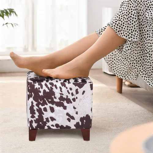 Miniatura 2 de Reposapiés otomano en forma de cubo, reposapiés cuadrado, banco pequeño para zapatos, silla de tocador con patas antideslizantes (vaca marrón)