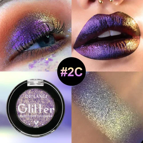 Miniatura 8 de Afflano Sombra de ojos única morado-dorado brillante, sombra de ojos multicolor cromo duo, sombra de ojos holográfica con purpurina, cambio