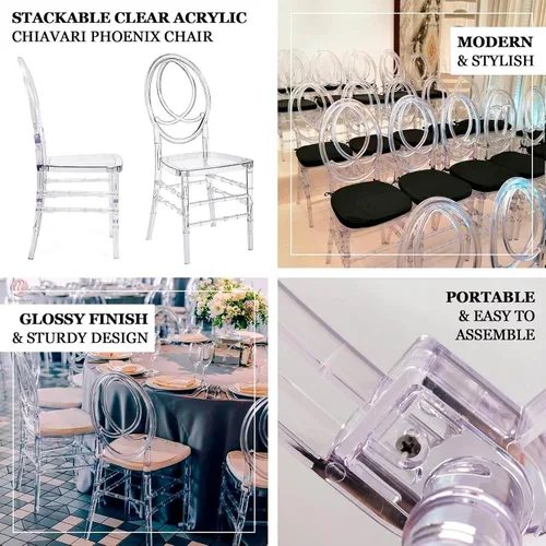 Miniatura 4 de Efavormart - Silla apilable de acrílico transparente Phoenix Chiavari, silla con respaldo ovalado sin brazos de resina transparente Phoenix apilable
