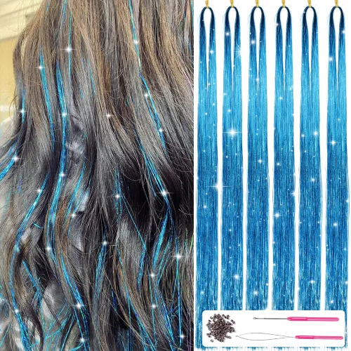 Miniatura 16 de Kit de oropel para el cabello con herramientas de 47 pulgadas, 1200 hebras de extensiones de cabello de oropel con purpurina, kit de mechones