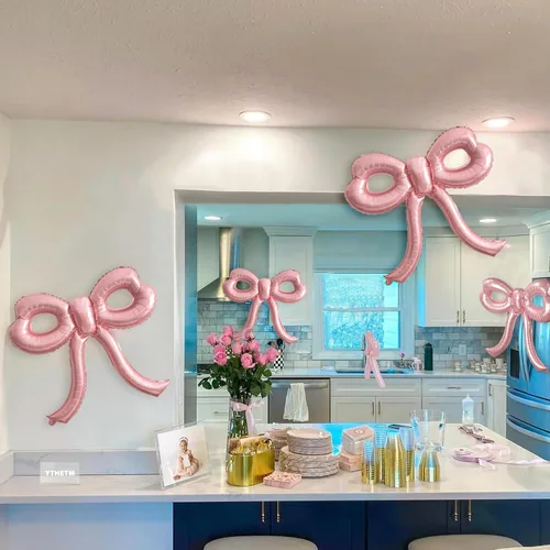 Miniatura 7 de 4 piezas de globos de moño rosa, decoración de fiesta de moño para mujeres, globos de cumpleaños rosa para mujeres, globo gigante de papel