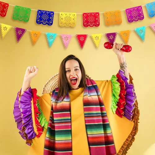 Miniatura 6 de Paquete de 10 caminos de mesa mexicanos de 14 x 84 pulgadas, 29 pancartas de papel picado, pancarta colgante de fiesta y banderín colorido para Rojo