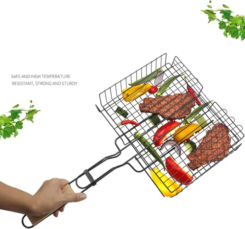 Miniatura 5 de Accesorios para parrilla, cesta de barbacoa de hierro antiadherente con mango de haya parrilla de pescado parrilla de malla para pescado parrilla