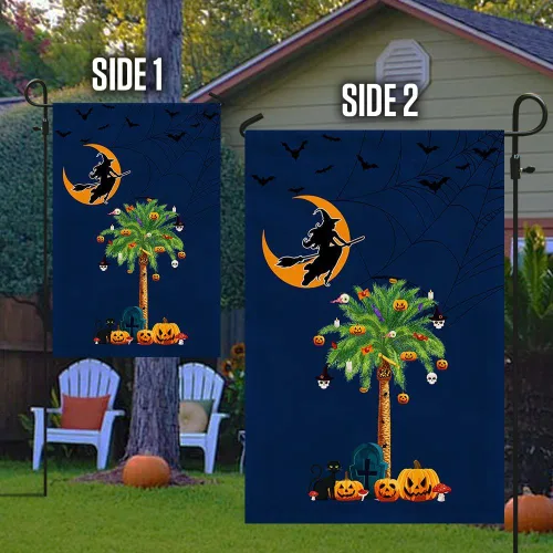 Miniatura 5 de Bandera de brujería de Halloween de Carolina del Sur, calabazas, palmeras, Carolina del Sur, bandera de jardín de Halloween