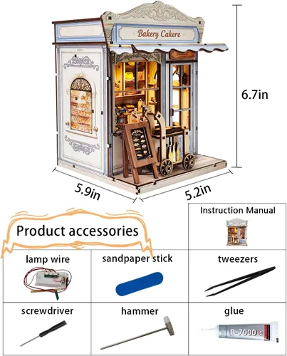 Miniatura 5 de Kits de rincón de libros para adultos, casa de muñecas en miniatura para panadería y pastelería Acogedor rompecabezas de madera 3D, un regalo