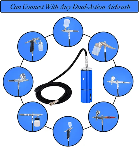 Miniatura 6 de Kit de aerógrafo inalámbrico de parada automática con kit de compresor, pistola de cepillo de aire recargable de doble acción, conecta con Azul