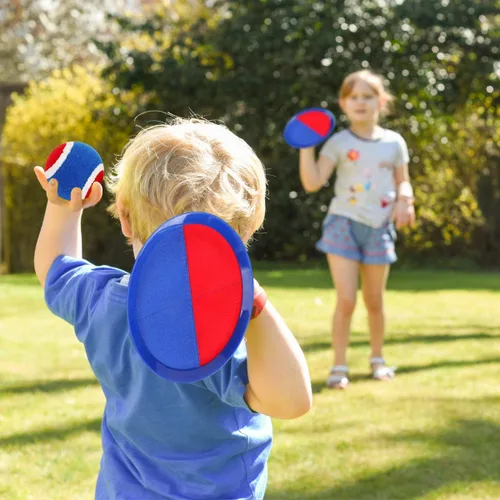 Miniatura 7 de Juego de pelota para lanzar y atrapar mejorado, relleno de calcetines de juguete para niños y niñas de 3 a 12 años, incluye 2 paletas, 2 bolas Azul