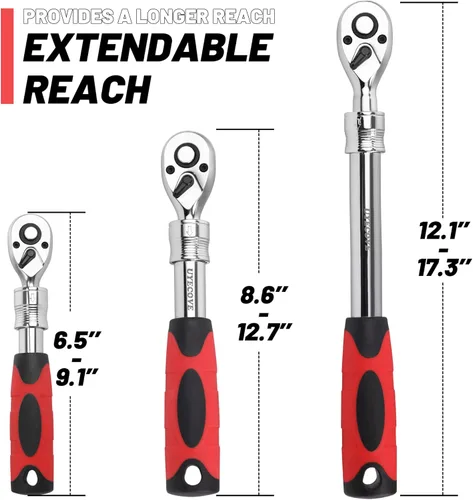 Miniatura 3 de Juego de trinquetes extensibles de 3 piezas, llave de enchufe extensible de 1/4 3/8 1/2 pulgadas, juego de llaves de trinquete de 72 dientes
