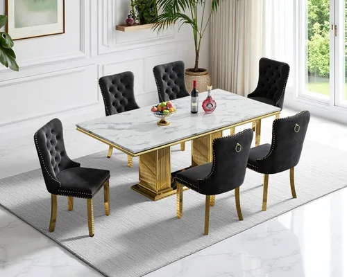 Miniatura 36 de Henf Juego de mesa de comedor de mármol sintético de 68 pulgadas para 6, juego de mesa de comedor de 7 piezas con 6 sillas copetudas de terciopelo