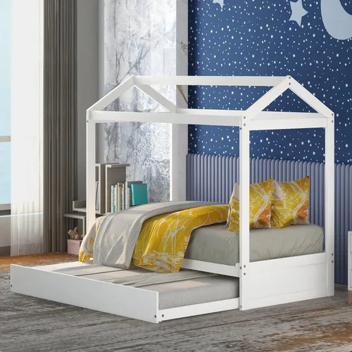 Bellemave Cama de casa individual con nido para niños, cama de casa con techo, tamaño individual, marco de sofá cama con nido para niños y niñas,