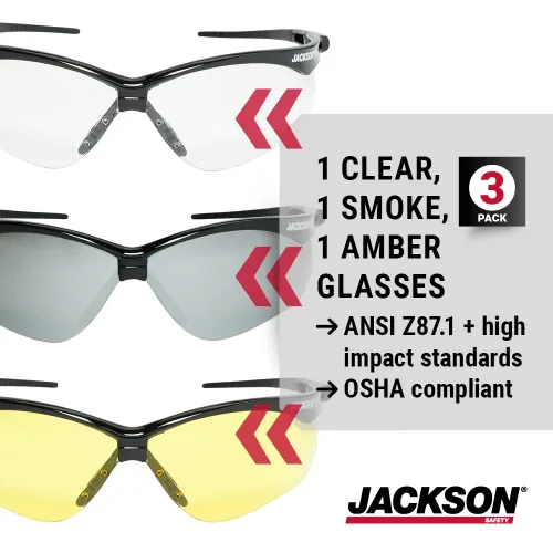 Miniatura 6 de Jackson Safety SG - Lentes de seguridad para hombres y mujeres, lentes antiarañazos con marco negro, ANSI Z87.1, paquete de 3 (varios estilos)
