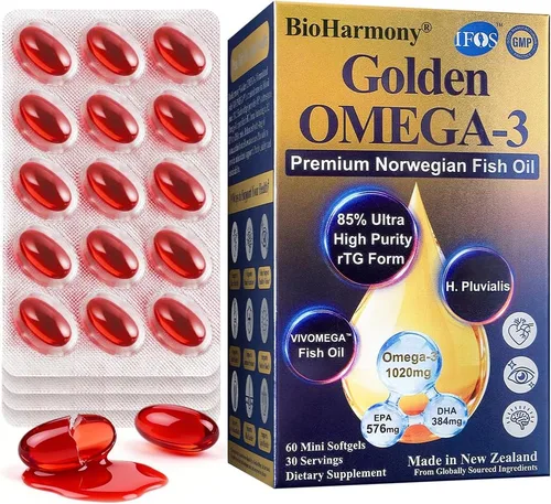 Aceite de pescado Omega-3 1020mg - 85% rTG de alta absorción con EPA DHA - Aceite de pescado noruego, IFOS 5 estrellas, paquete de ampolla,