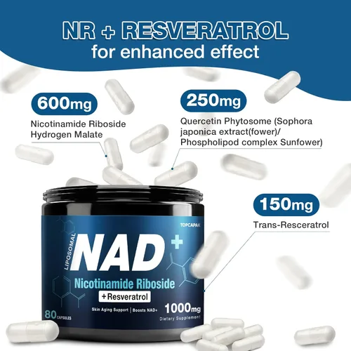 Miniatura 6 de Suplemento NAD+ de 1000mg - Ribósido de nicotinamida (NR) y resveratrol, NAD liposomal de ingredientes orgánicos puros para mujeres y hombres