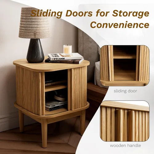 Miniatura 5 de Juego de 2 mesitas de noche estriadas con puertas correderas, moderna mesita de noche con patas de madera maciza, mesita de noche de madera